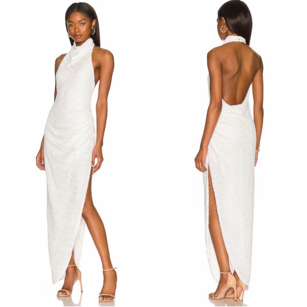 Amanda Uprichard White Halter Backless Sequin Maxi Dress